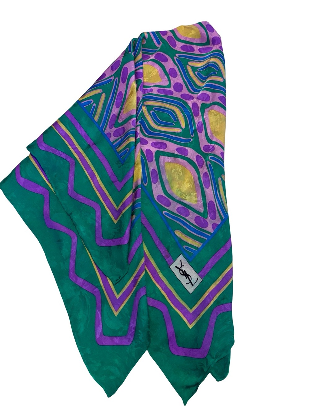 Vintage Yves Saint Laurent YSL Silk Jacquard Geometric Scarf – Green Purple Gold